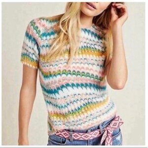 By Anthropologie Multi-colored Short Sleeve Sweater Marble Crewneck Size Small